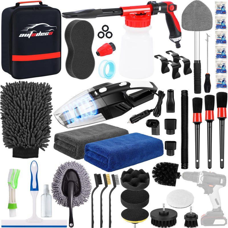 AUTODECO 40Pcs Car Wash Detailing Kit Cleaning Kits with Foam Gun Sprayer Vacuum with Long Cord Drill Brush Large Wash Mitt Towels Complete Interior Exterior Car Washing Supply Set Black - Image 1
